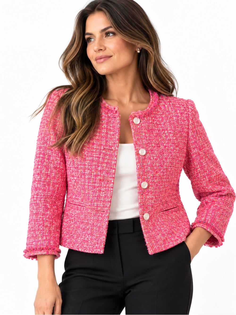 Talbots Petites Pink Tweed Fringe Trim Jacket Size 12P